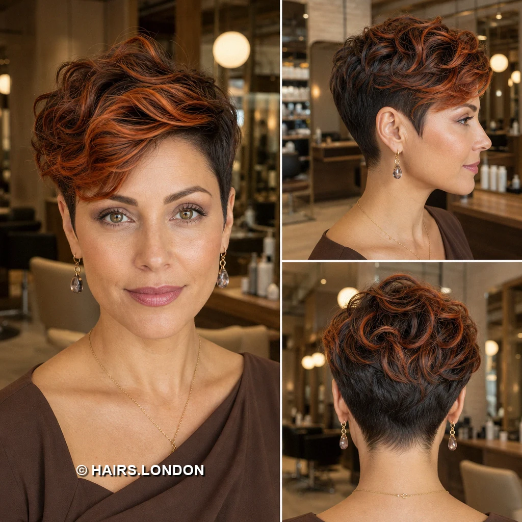 19 Copper and Brown Pixie Haircuts with Texture, Sweeps, and Curls Auburn Brushedback Pixie