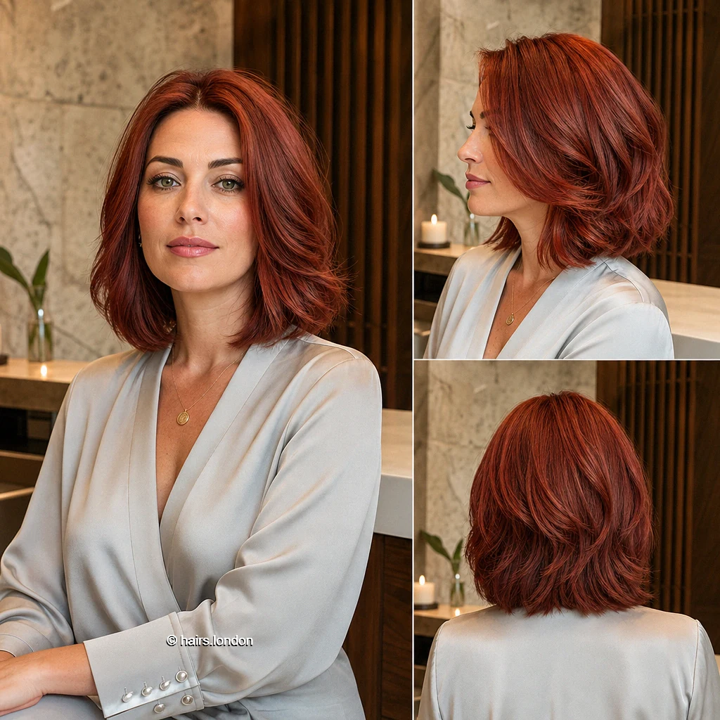 20 Red Bob Haircuts, From Soft Copper Waves to Sculpted Burgundy Shapes Auburn Flowing Bob