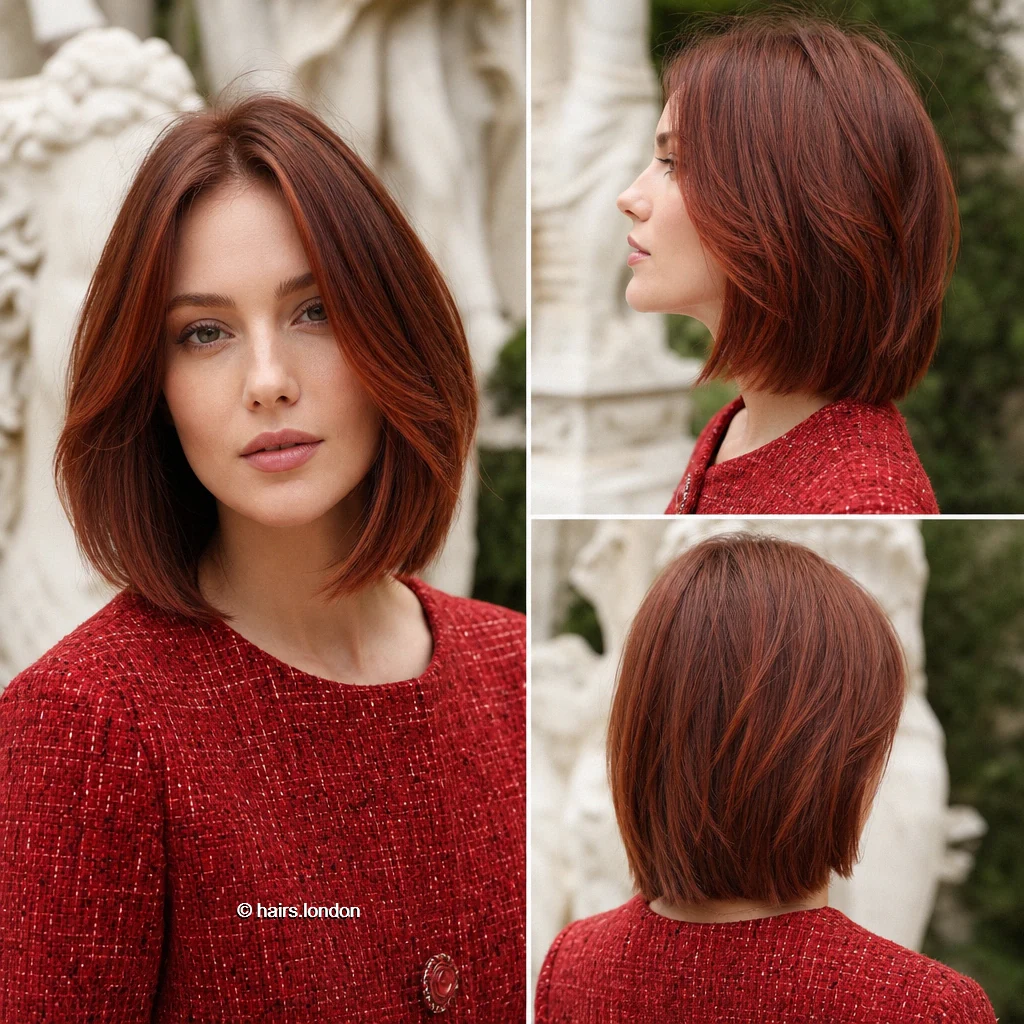20 Red Bob Haircuts, From Soft Copper Waves to Sculpted Burgundy Shapes Auburn Framing Bob