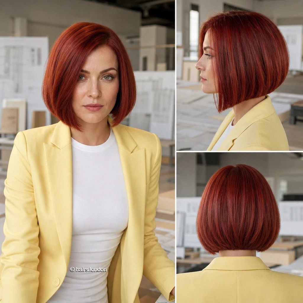 20 Red Bob Haircuts, From Soft Copper Waves to Sculpted Burgundy Shapes Auburn Sloping Bob