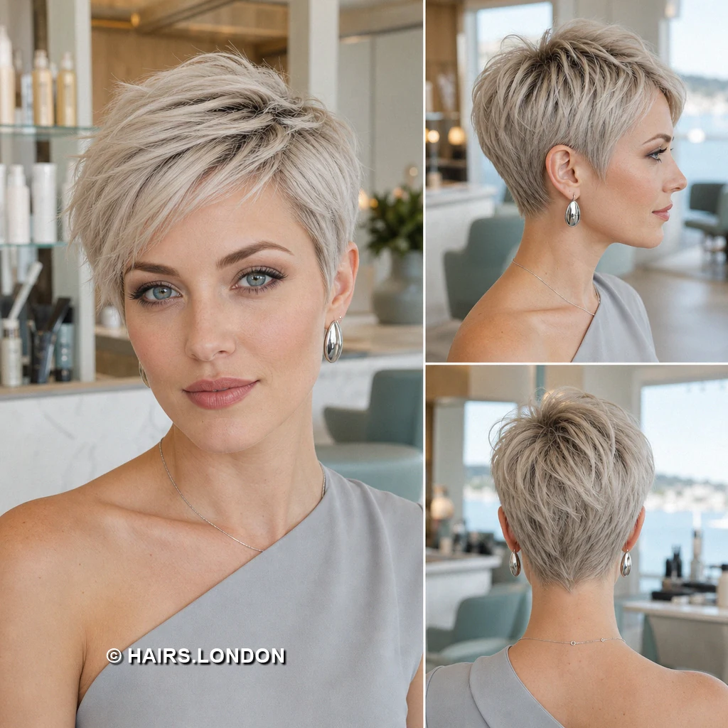 18 Silver Pixie Haircuts with Swept Fringes, Soft Waves, and Textured Crowns Beige Diagonal Crop