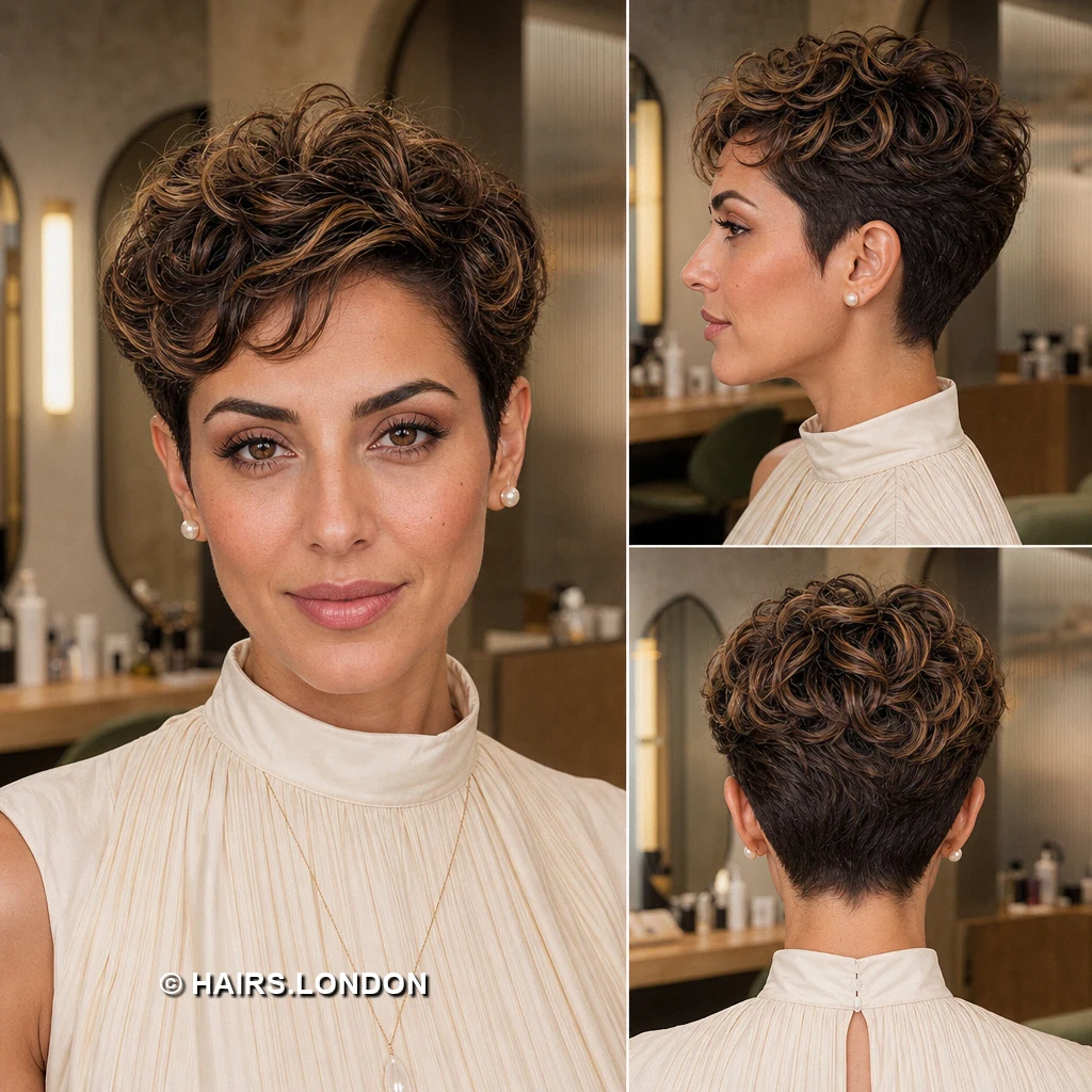 19 Highlighted Pixie Haircuts with Curls, Sweeps, and Tapered Napes Beige Diagonal Fringe