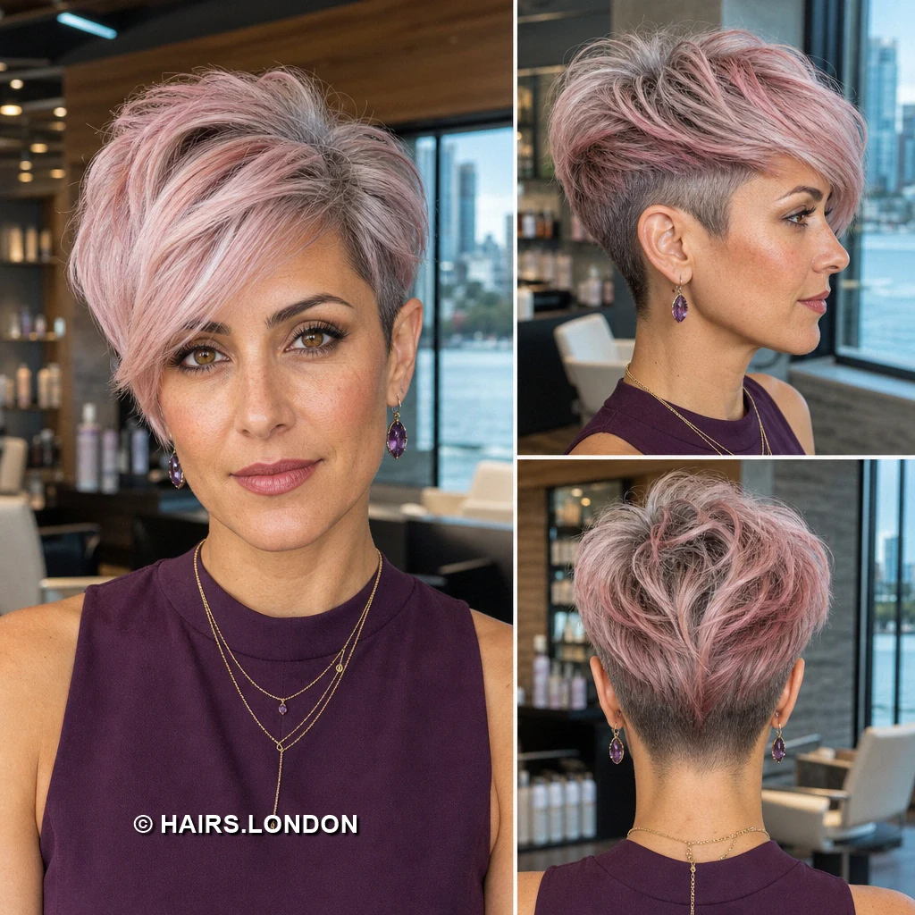 11 Pastel Pixie Haircuts with Sweeping Fringes and Tapered Napes Beige Diagonal Pixie