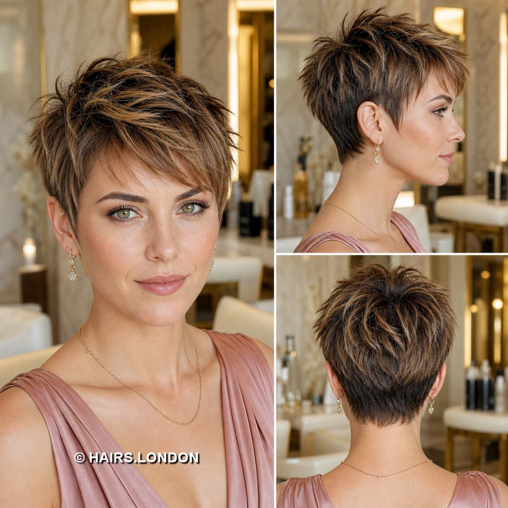 14 Highlighted Pixie Cuts with Sweeping Fringes and Textured Crowns Beige Silken Pixie