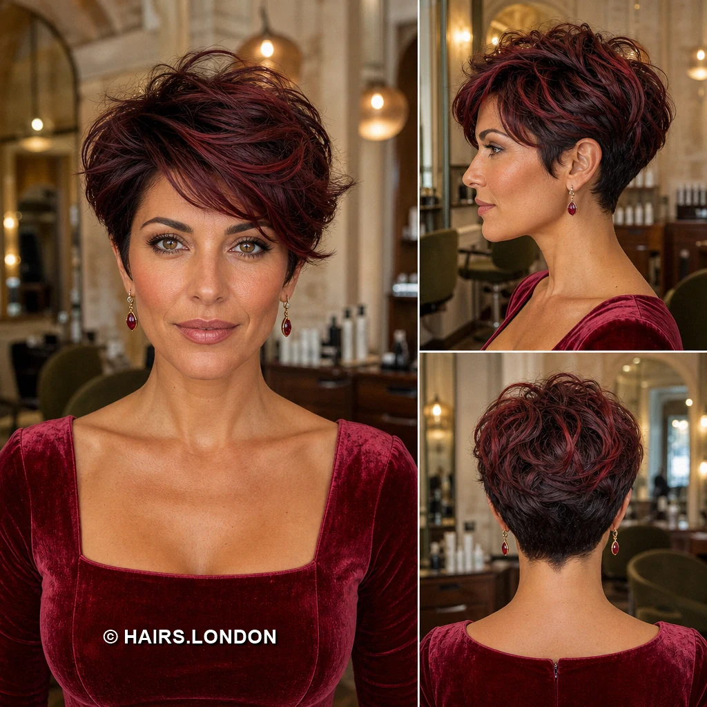 15 Burgundy Pixie Cuts with Texture, Curls, and Sweeping Fringes Berry Spiky Crown
