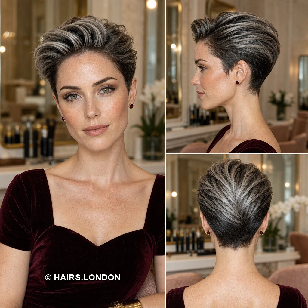 12 Silver Highlighted Pixie Cuts With Dark Roots and Textured Shape Black Streaked Pixie