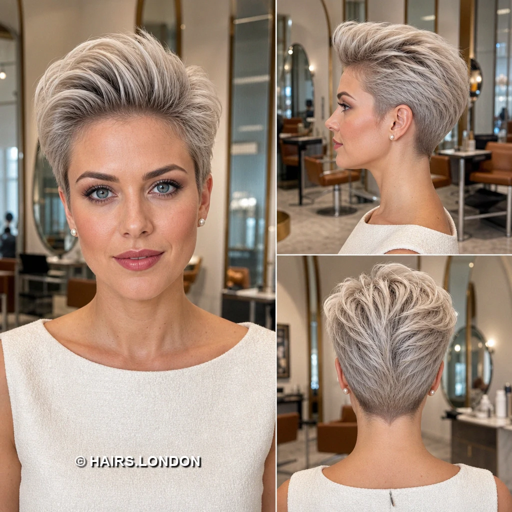 19 Silver Pixie Haircuts With Swept Fringes and Tapered Napes Blonde Sloping Pixie