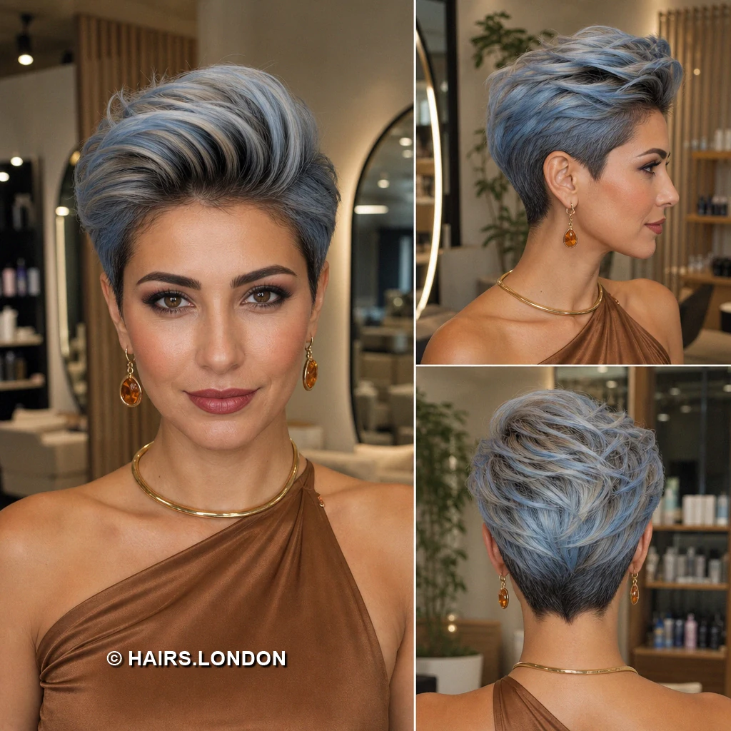 12 Pastel Pixie Cuts with Swept Fringes, Textured Crowns, and Tapered Napes Blue Brushedback Pixie