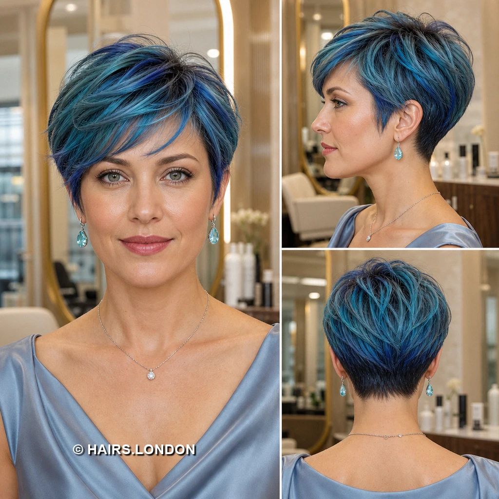 19 Blue Pixie Haircuts with Texture, Swept Fringes, and Teal Details Blue Tousled Pixie