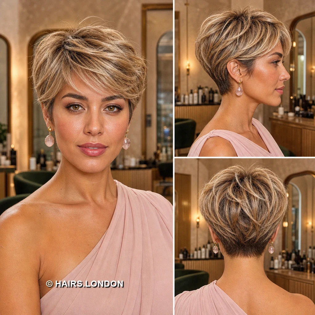 19 Highlighted Pixie Cuts with Swept Fringes and Tapered Napes Bronde Raised Pixie