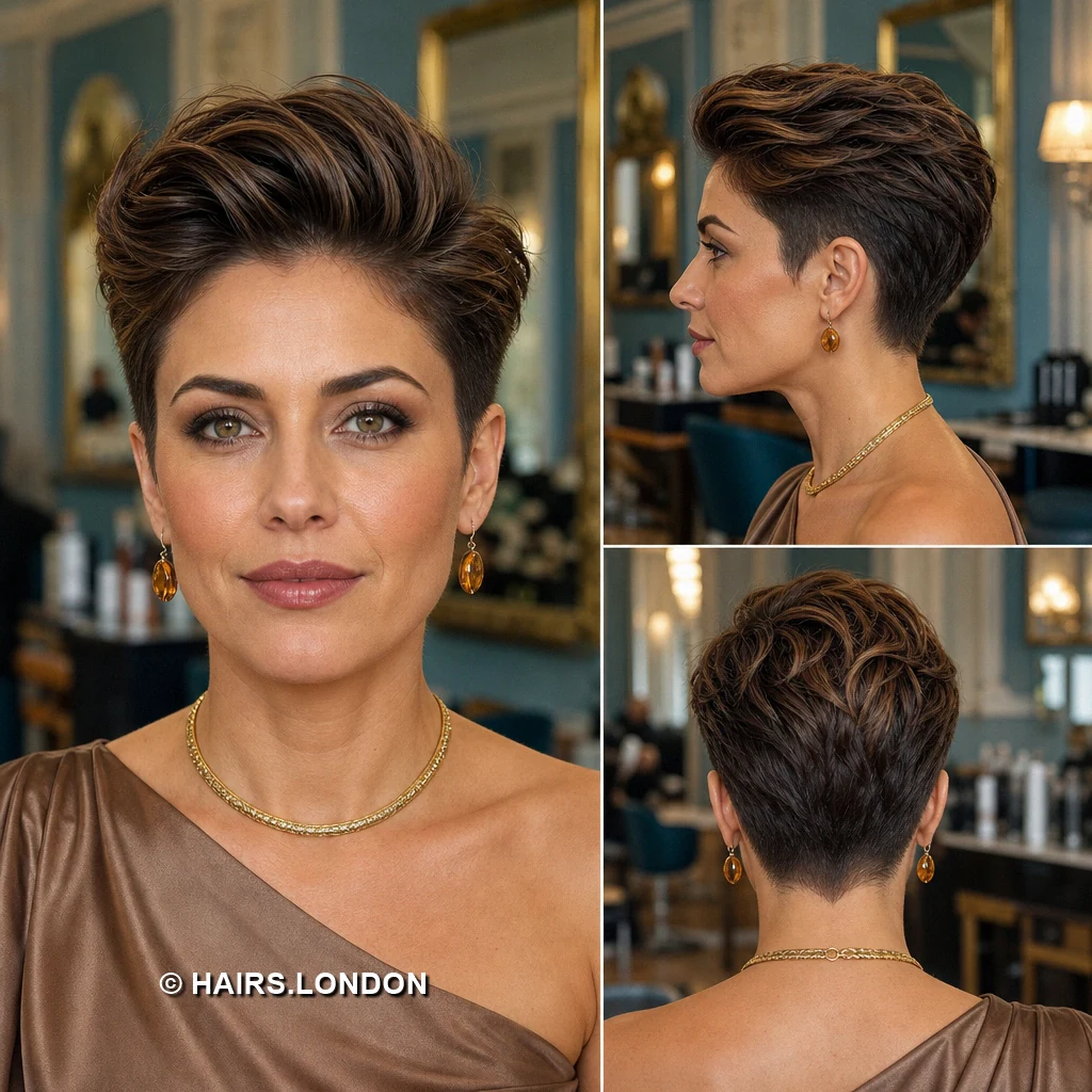 19 Brunette Pixie Haircuts with Texture, Volume, and Tapered Sides Brown Asymmetric Fringe