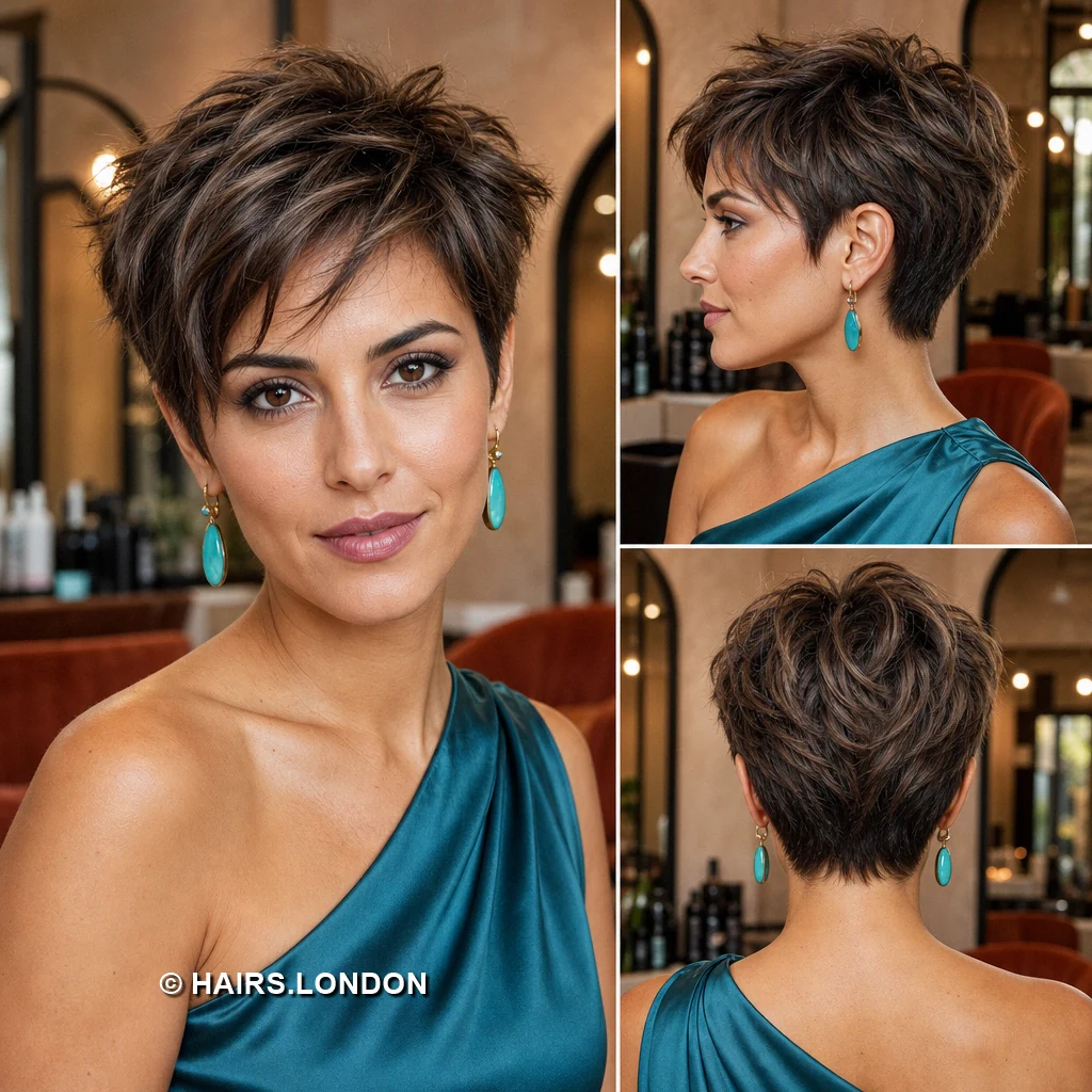 20 Textured Brown Pixie Haircuts with Fringe, Curls, and Lift Brown Backward Sweep