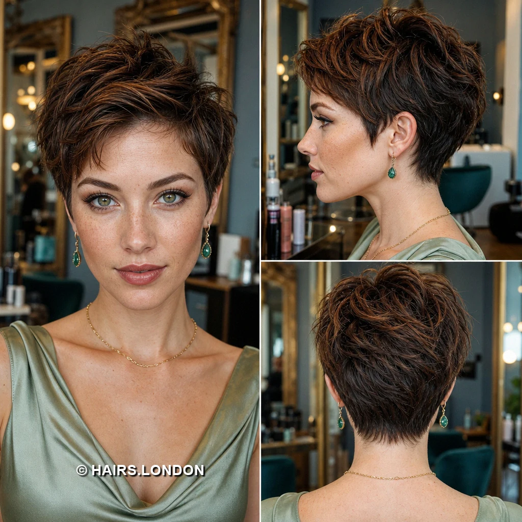 19 Brunette Pixie Haircuts with Texture, Volume, and Tapered Sides Brown Broken Fringe