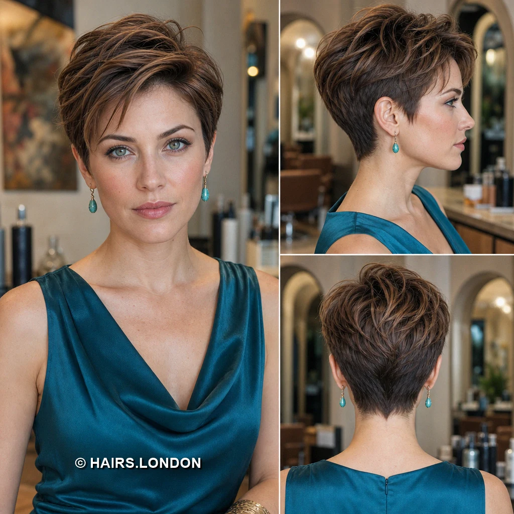 20 Short Brunette Pixie Haircuts with Curls, Sweeps, and Tapered Napes Brown Brushedback Taper