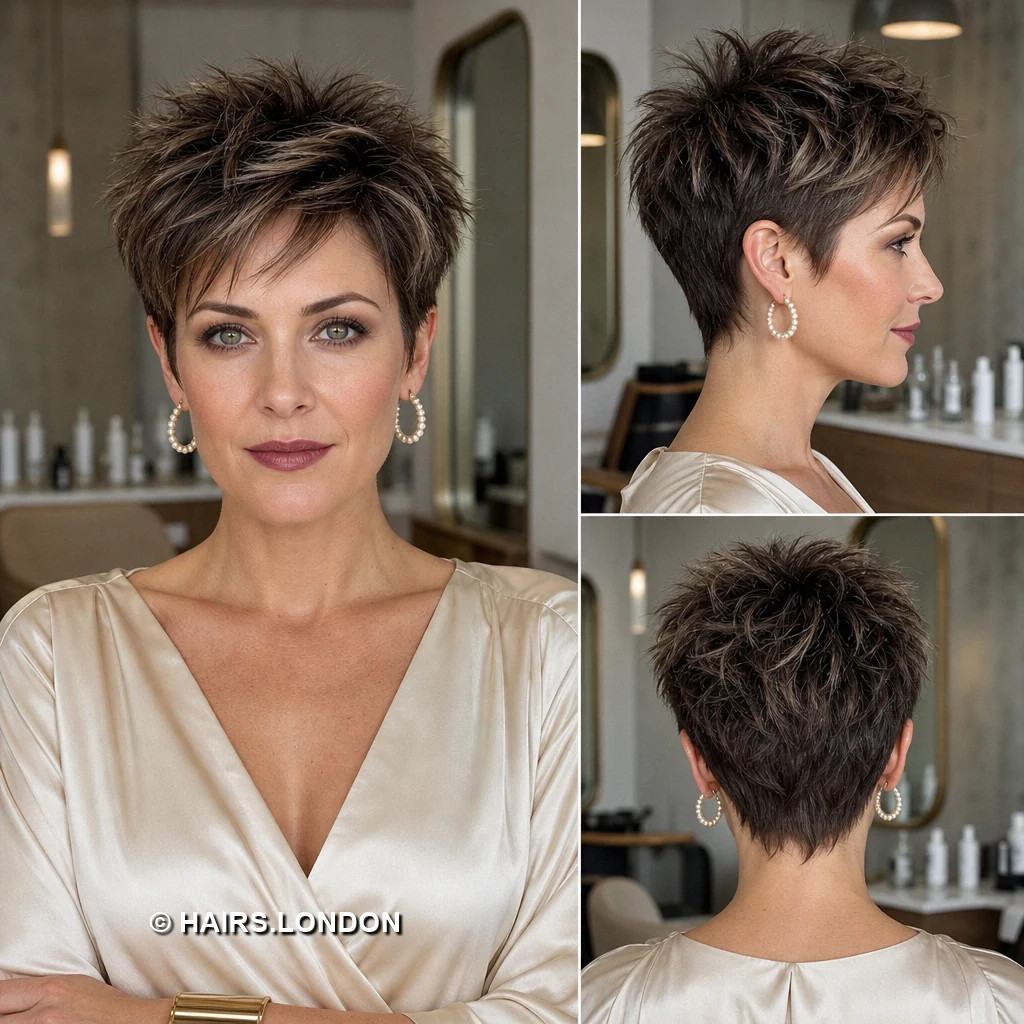 20 Highlighted Pixie Cuts with Texture, Volume, and Side-Swept Fringe Brown Diagonal Pixie