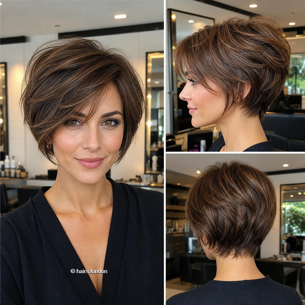 20 Short Bob Haircuts, From Tousled Layers to Sleek Angles Brown Feathered Bob