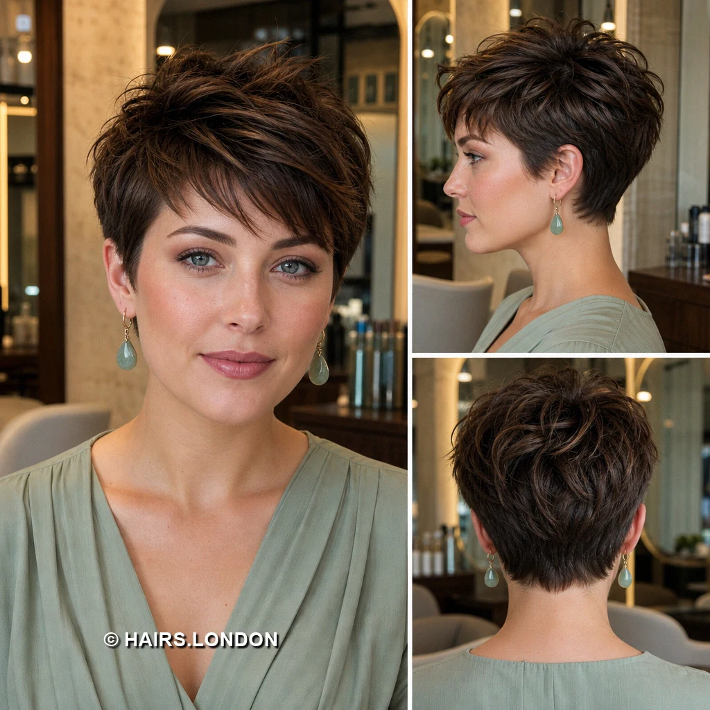 19 Textured Brunette Pixie Cuts With Shape and Movement Brown Feathered Roundcut