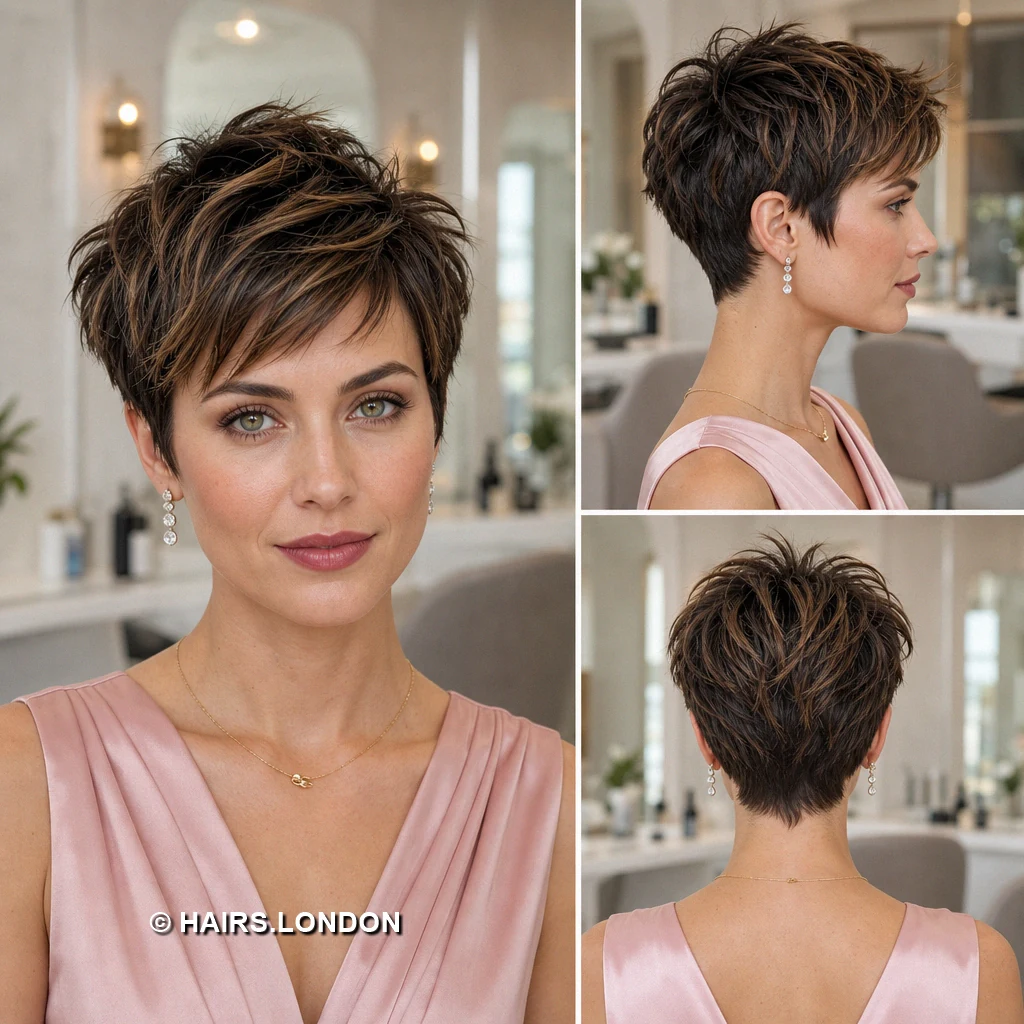 20 Highlighted Pixie Cuts with Texture, Volume, and Side-Swept Fringe Brown Flowing Pixie