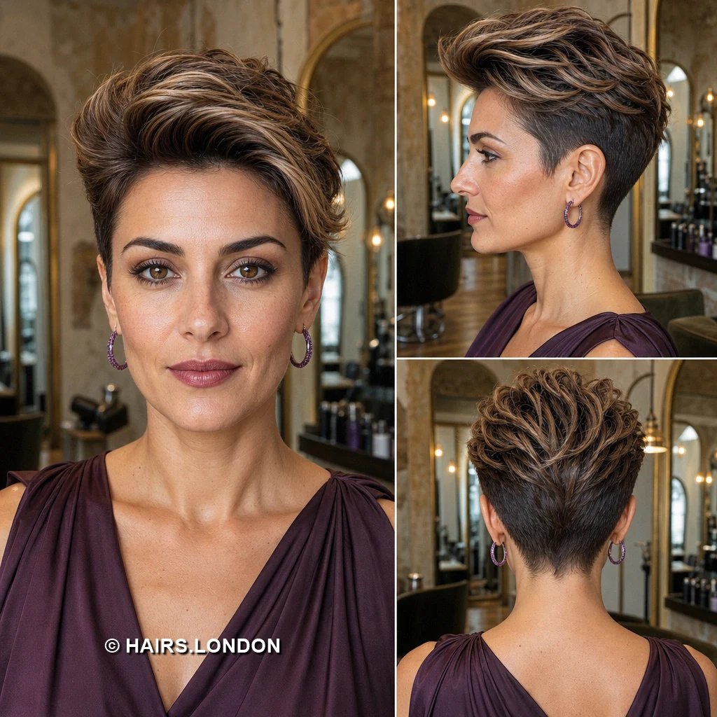 20 Highlighted Pixie Cuts with Texture, Volume, and Side-Swept Fringe Brown Highlighted Sweep