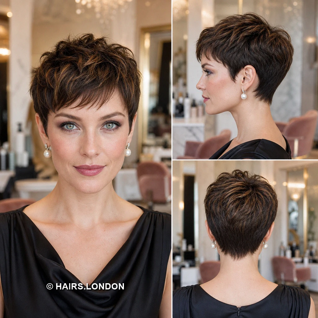 19 Brunette Pixie Haircuts with Texture, Volume, and Tapered Sides Brown Raised Texture