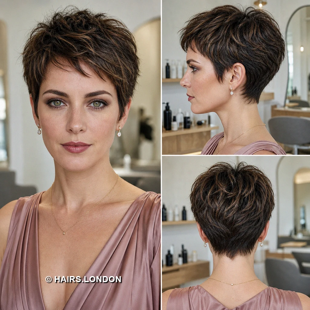 20 Brunette Pixie Cuts with Sweeping Fringe and Tapered Napes Brown Sculpted Waves