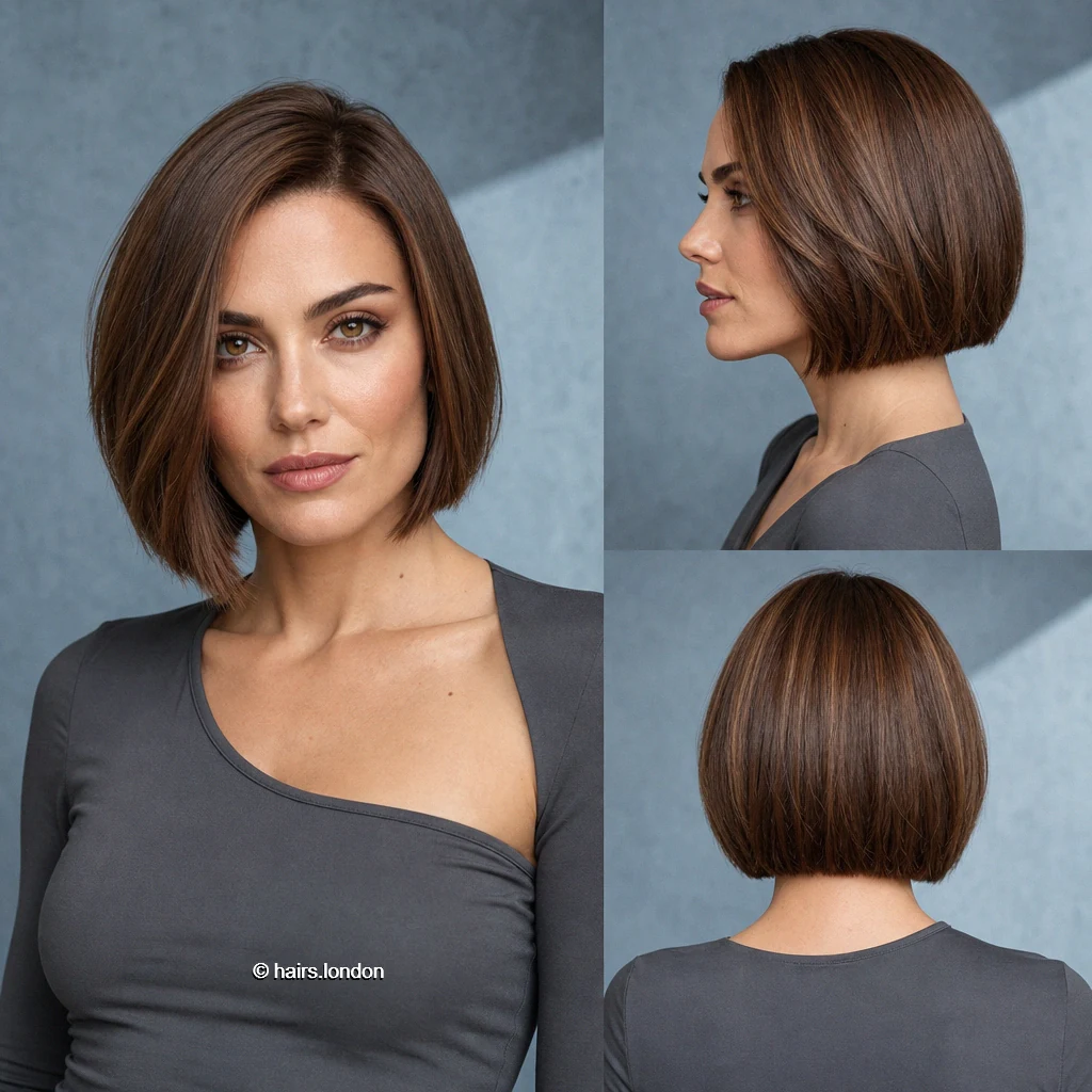 25 Brunette Bob Haircuts, From Sleek Jawline Shapes to Textured Lobs Brown Sloping Bob
