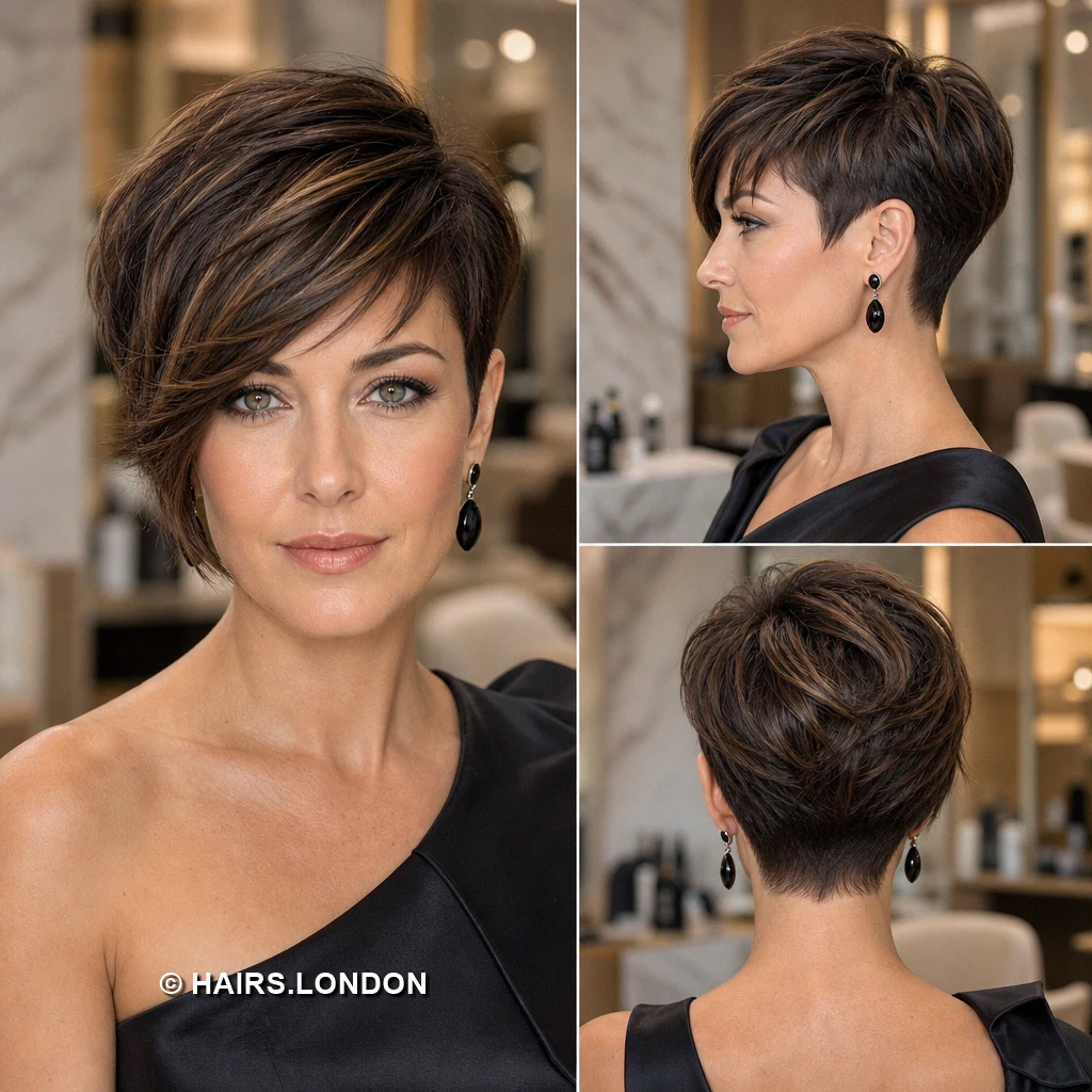 20 Brunette Pixie Cuts with Sweeping Fringe and Tapered Napes Brown Soft Layers
