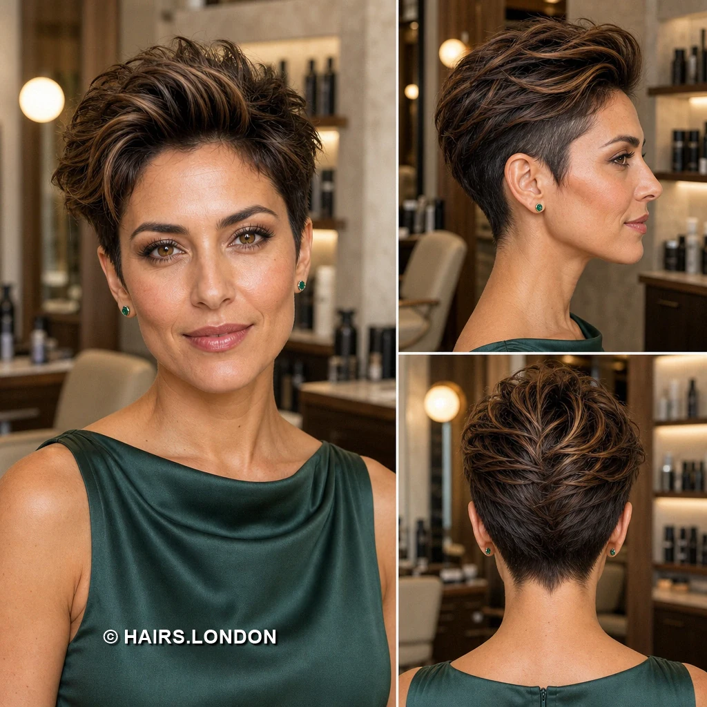 20 Highlighted Pixie Cuts with Texture, Volume, and Side-Swept Fringe Brown Spiky Pixie
