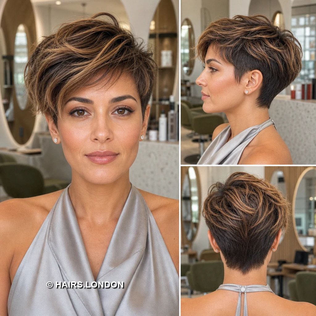 20 Highlighted Pixie Cuts with Texture, Volume, and Side-Swept Fringe Brown Tapered Pixie