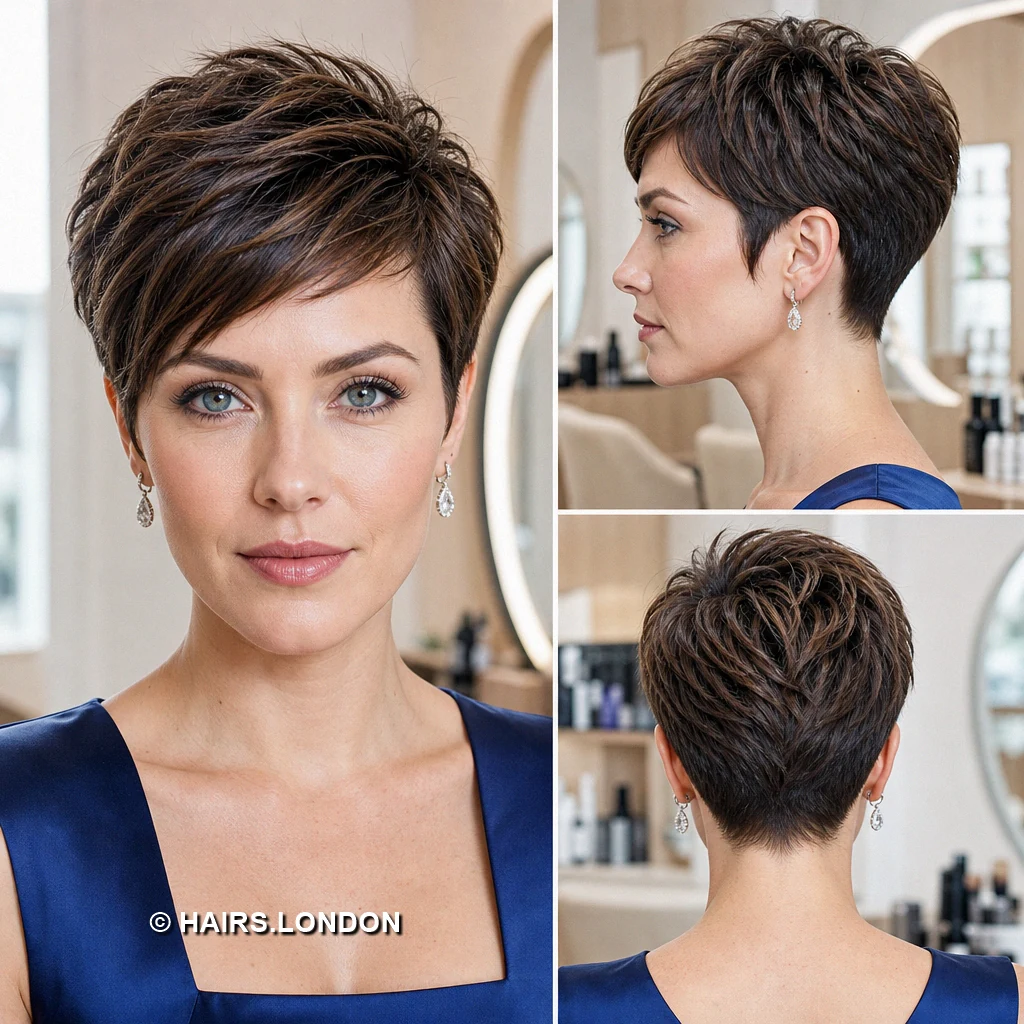 20 Brunette Pixie Cuts with Sweeping Fringe and Tapered Napes Brown Uplifted Crown