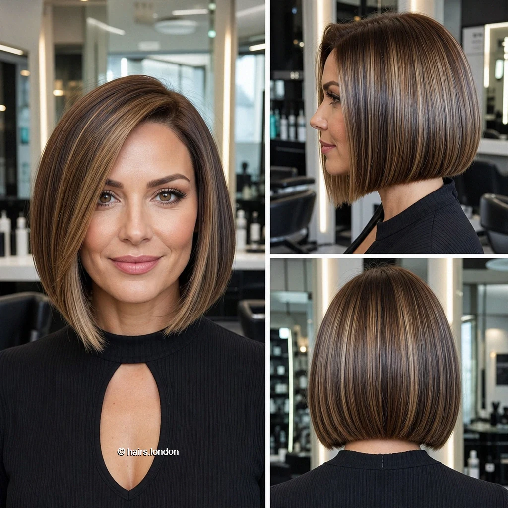 20 Bob Haircut Ideas: Rounded, Textured, A-Line and Stacked Shapes Brunette Angled Bob