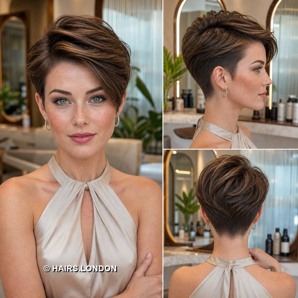 20 Highlighted Pixie Cuts with Texture, Volume, and Side-Swept Fringe Brunette Angled Pixie