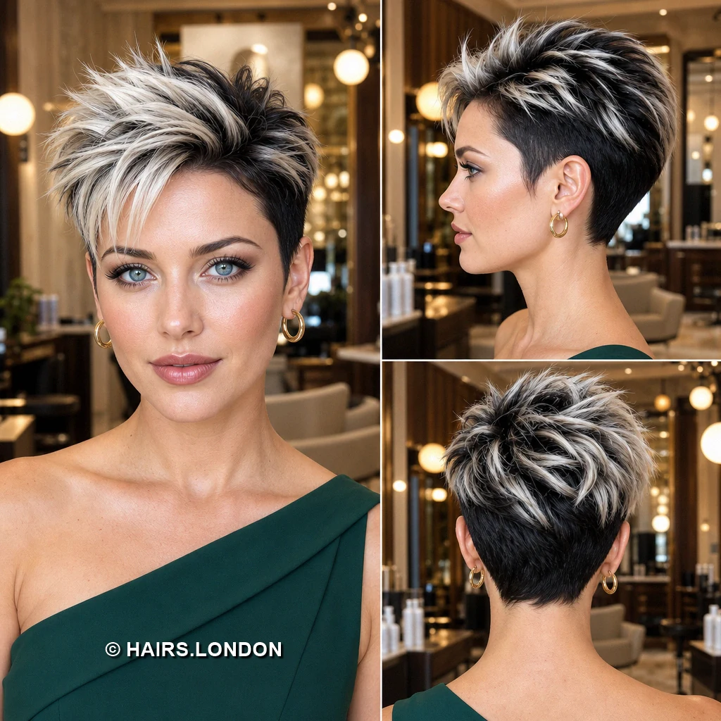 12 Silver Highlighted Pixie Cuts With Dark Roots and Textured Shape Brunette Asymmetric Crop