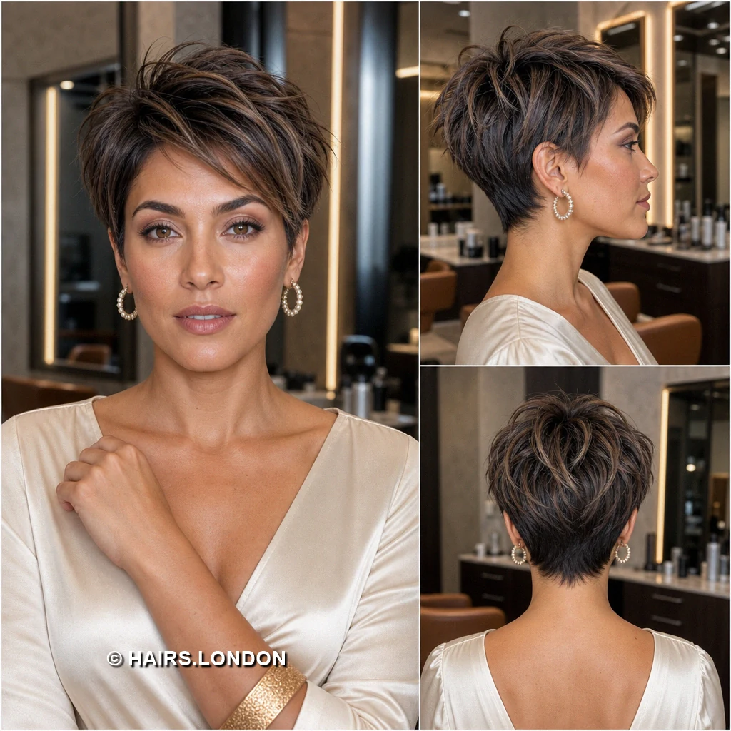 20 Highlighted Pixie Cuts with Texture, Volume, and Side-Swept Fringe Brunette Asymmetric Pixie