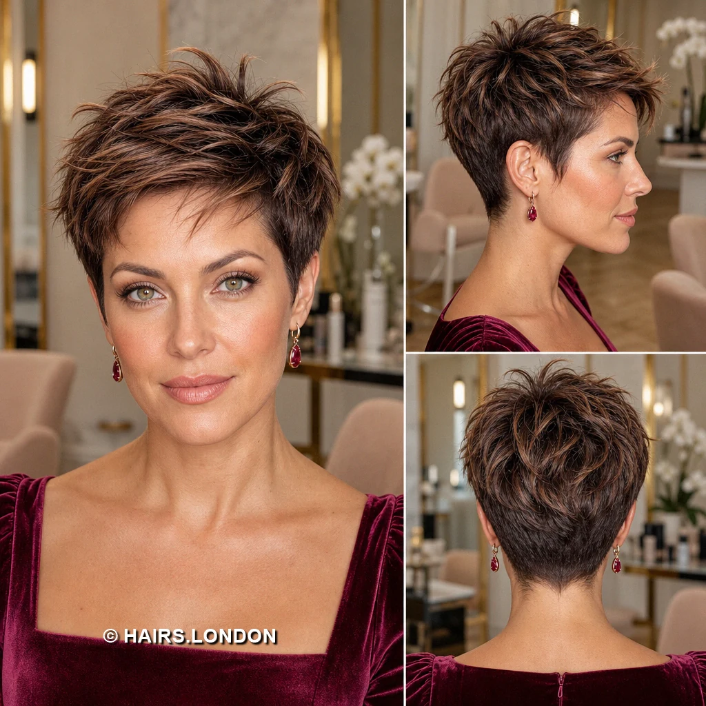 11 Highlighted Pixie Cuts with Sweeping Fringes and Textured Crowns Brunette Backswept Pixie