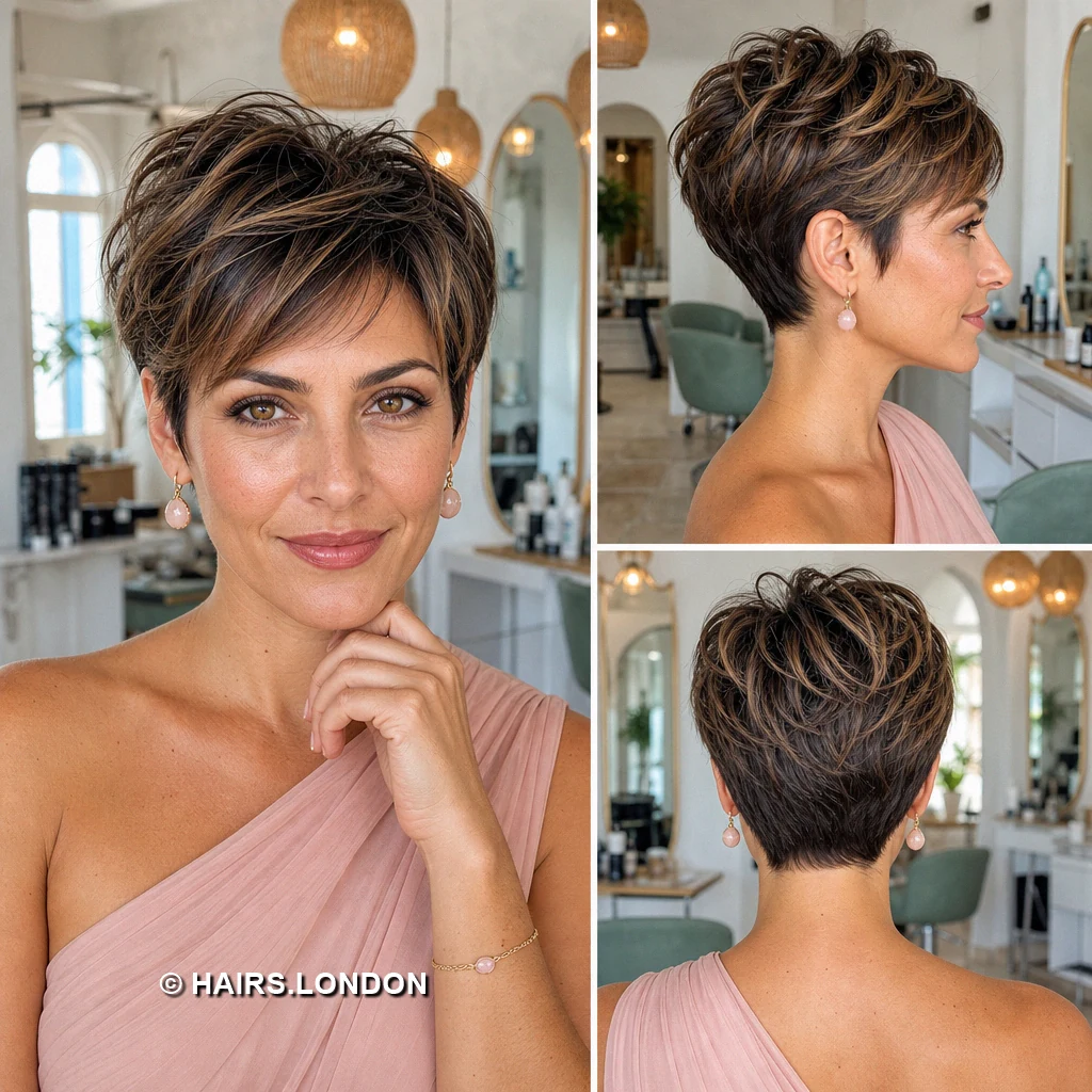 19 Highlighted Pixie Haircuts with Curls, Sweeps, and Tapered Napes Brunette Caramel Crop