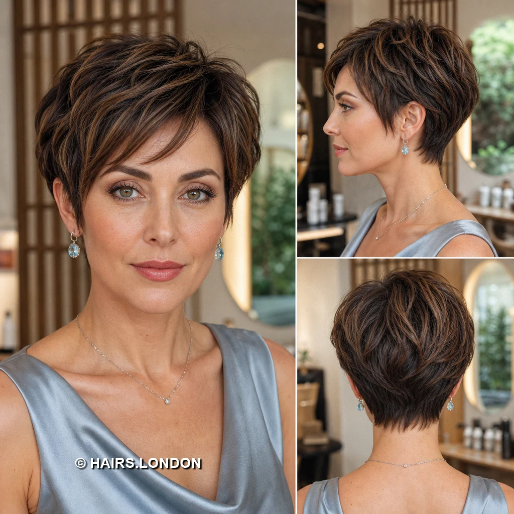 19 Textured Brunette Pixie Cuts with Swept Fringes and Tapered Napes Brunette Compact Highlights
