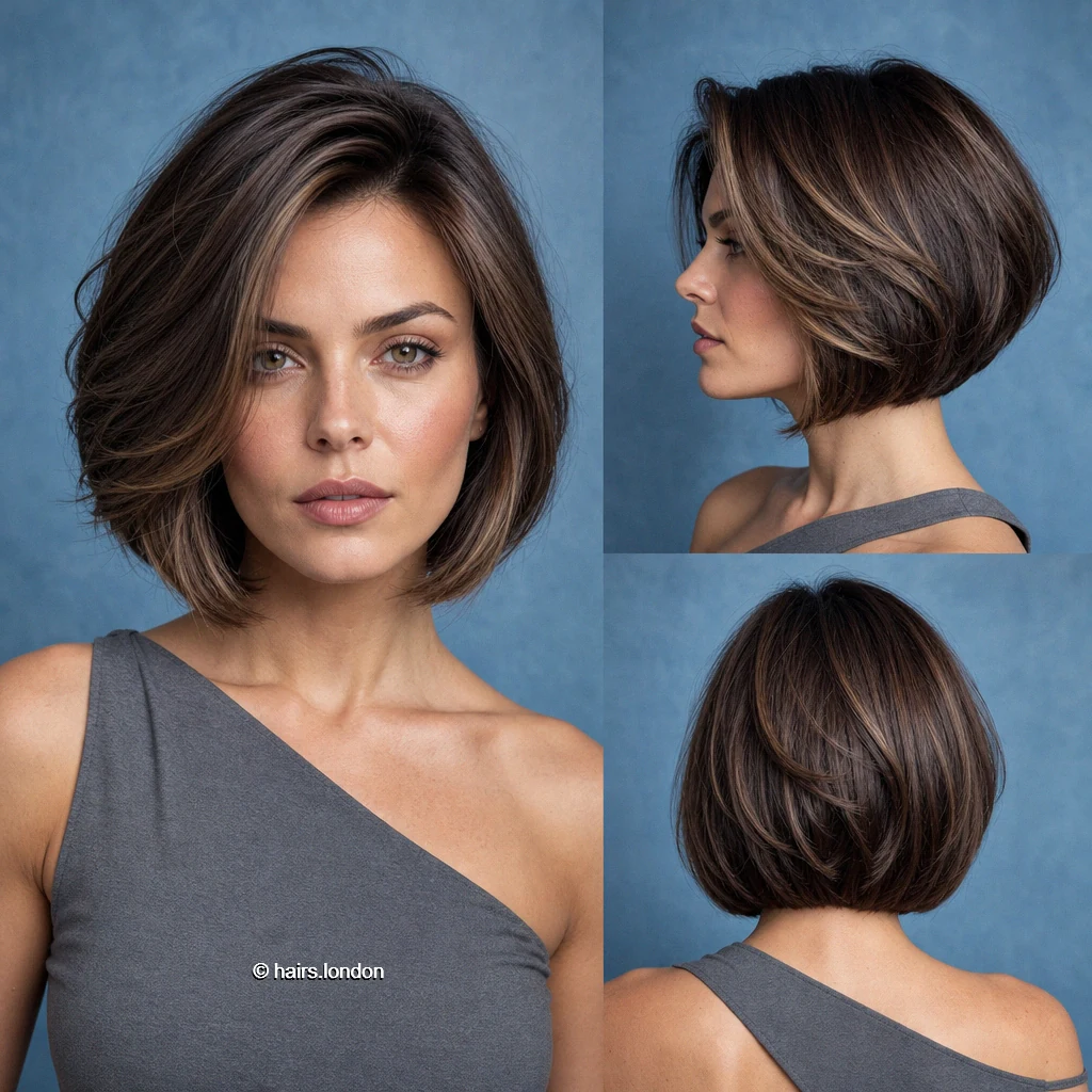 20 Bob Haircuts with Shape, Movement, and Color Inspiration Brunette Curved Bob