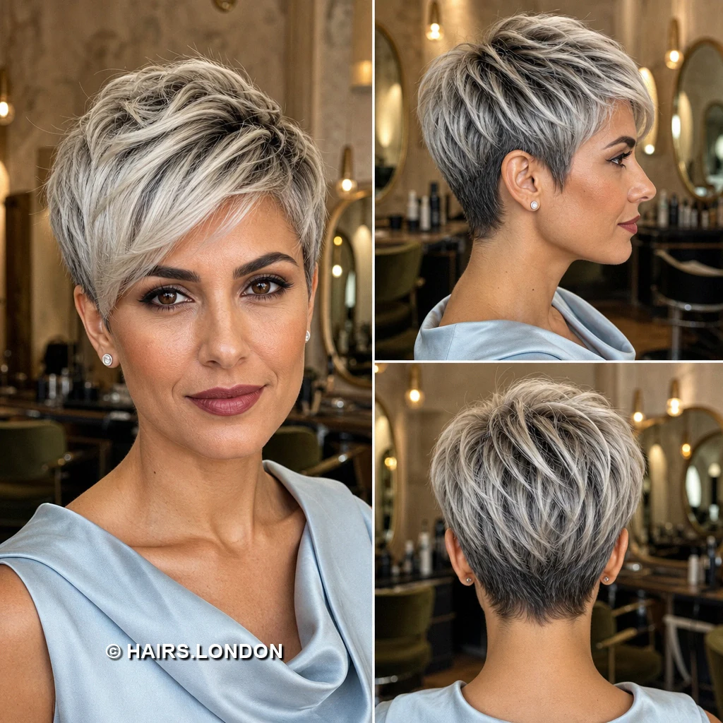 12 Silver Highlighted Pixie Cuts With Dark Roots and Textured Shape Brunette Curved Sweep