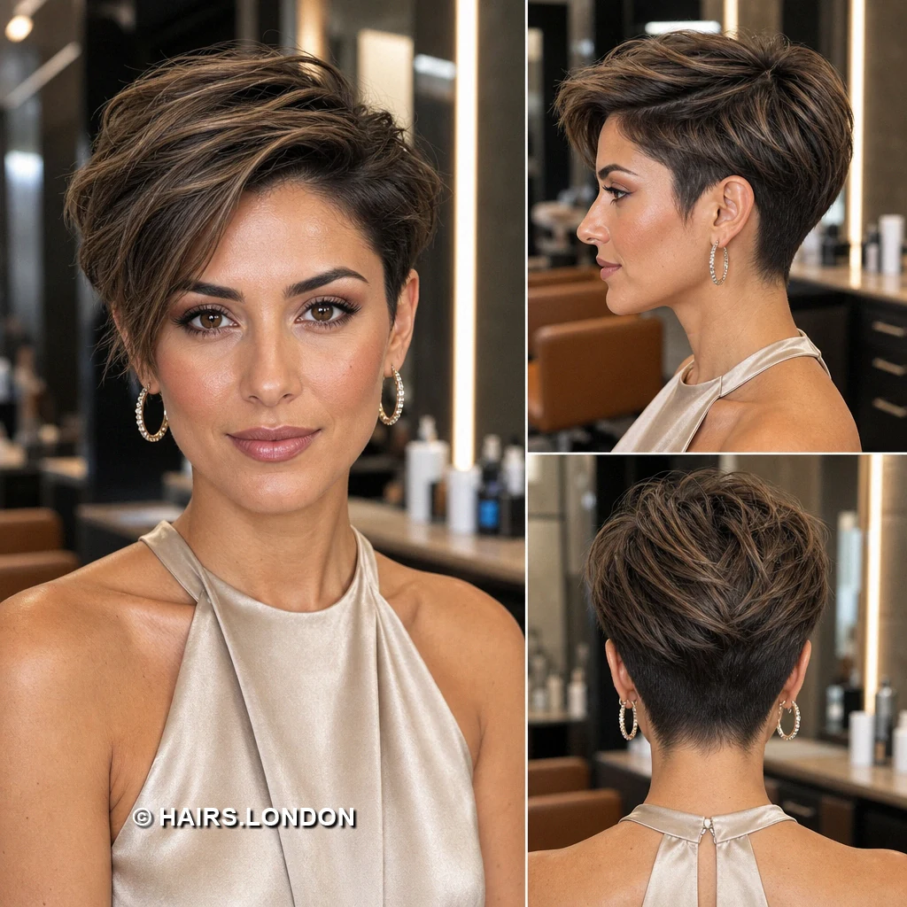 20 Highlighted Pixie Cuts with Texture, Volume, and Side-Swept Fringe Brunette Feathered Pixie