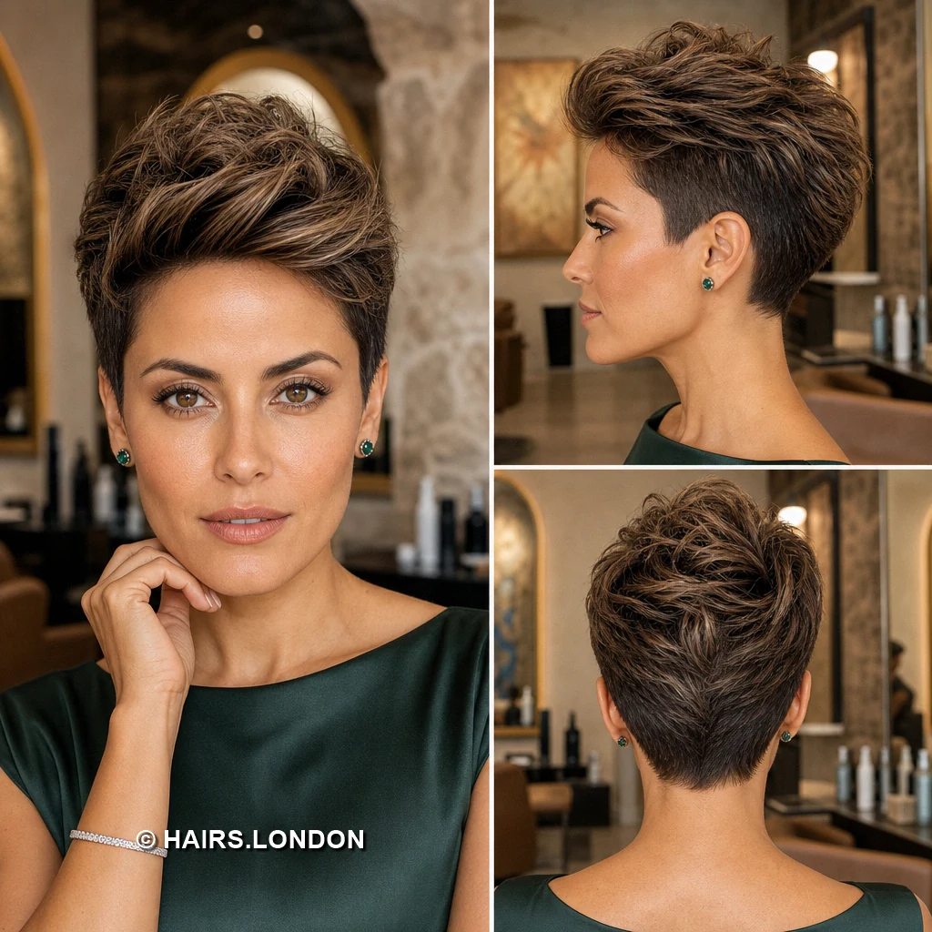 20 Highlighted Pixie Cuts with Texture, Volume, and Side-Swept Fringe Brunette Fullsweep Pixie