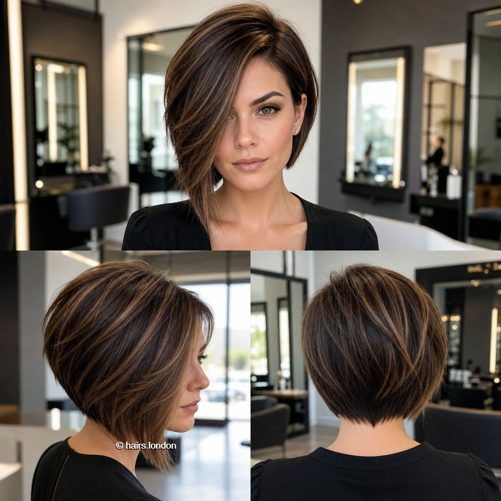 20 Short Bob Haircuts, From Tousled Layers to Sleek Angles Brunette Graduated Sweep