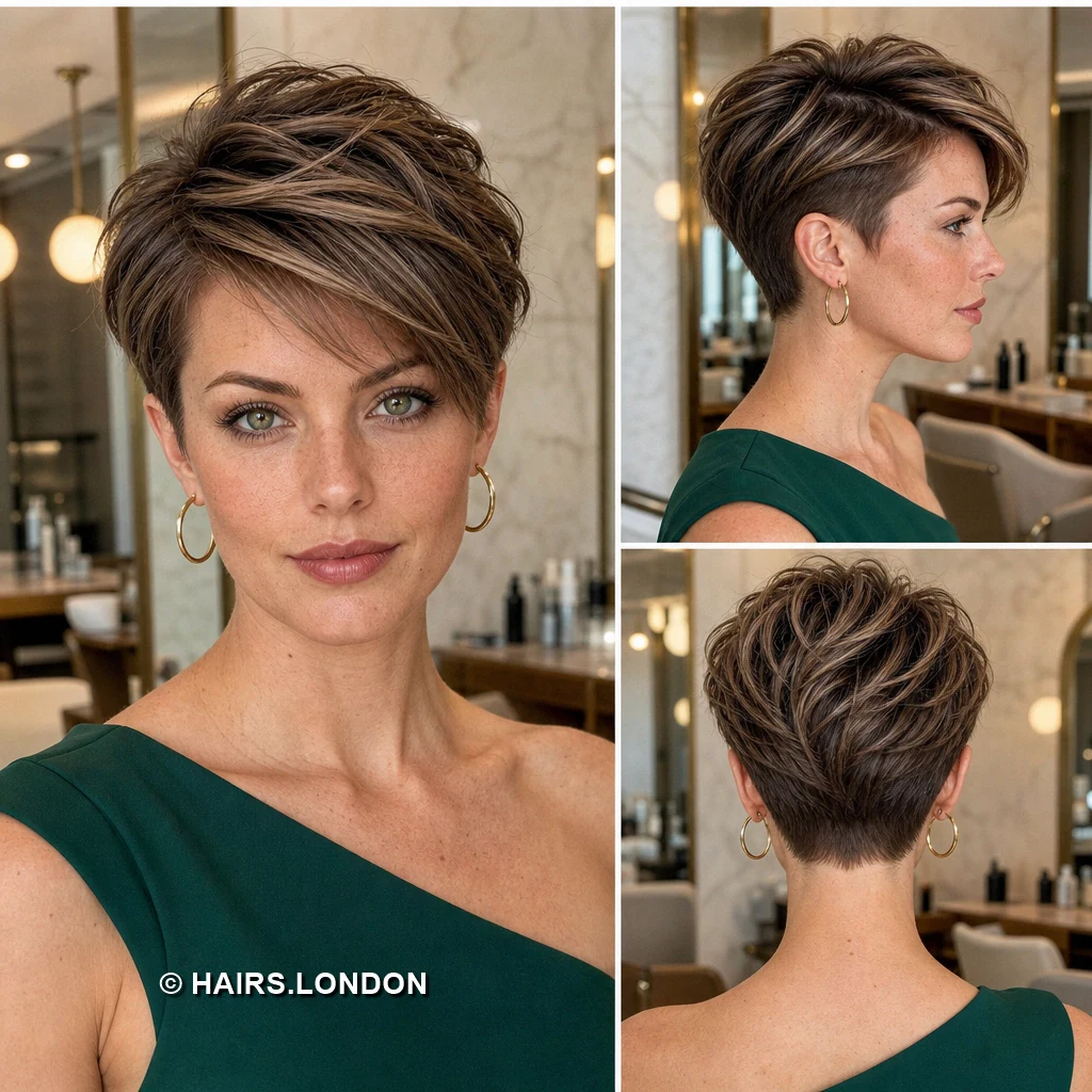 20 Highlighted Pixie Cuts with Texture, Volume, and Side-Swept Fringe Brunette Lifted Pixie