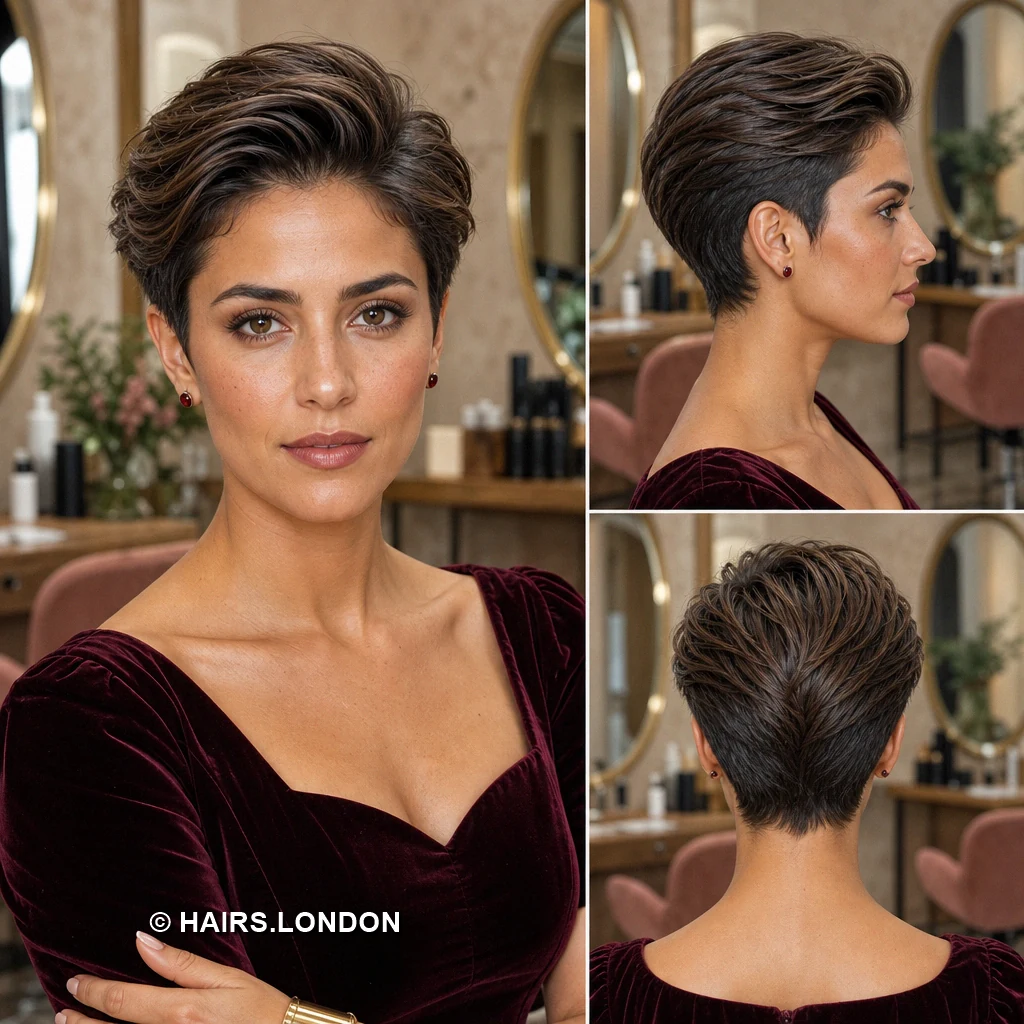 20 Brunette Pixie Cuts with Sweeping Fringe and Tapered Napes Brunette Piecey Crown