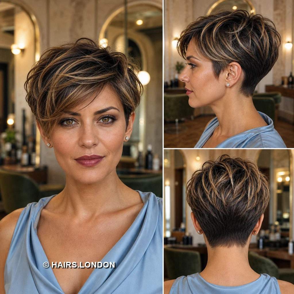 20 Highlighted Pixie Cuts with Texture, Volume, and Side-Swept Fringe Brunette Raised Pixie
