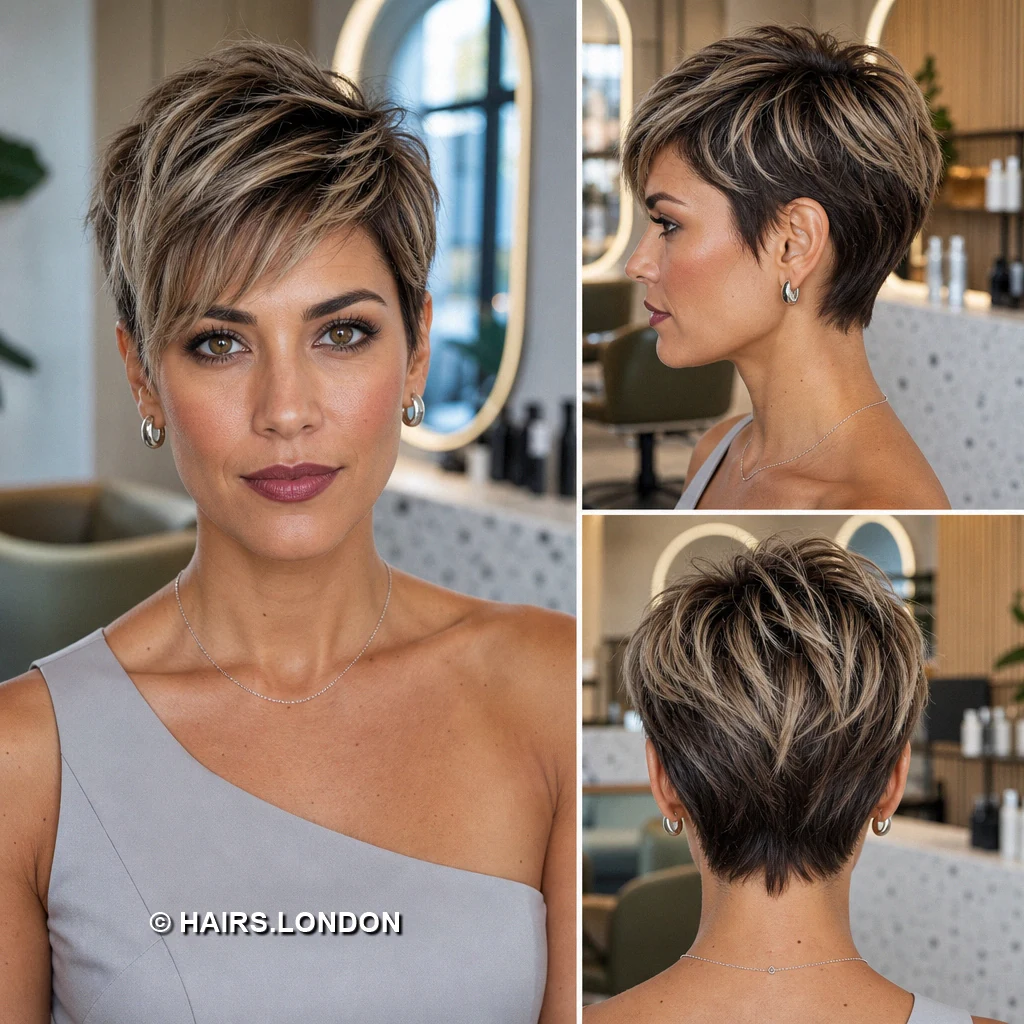 12 Silver Highlighted Pixie Cuts With Dark Roots and Textured Shape Brunette Ribboned Pixie