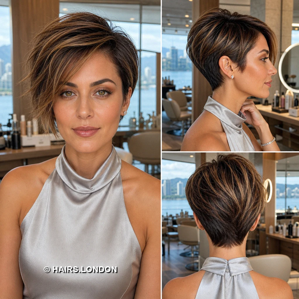 20 Highlighted Pixie Cuts with Texture, Volume, and Side-Swept Fringe Brunette Sculpted Pixie