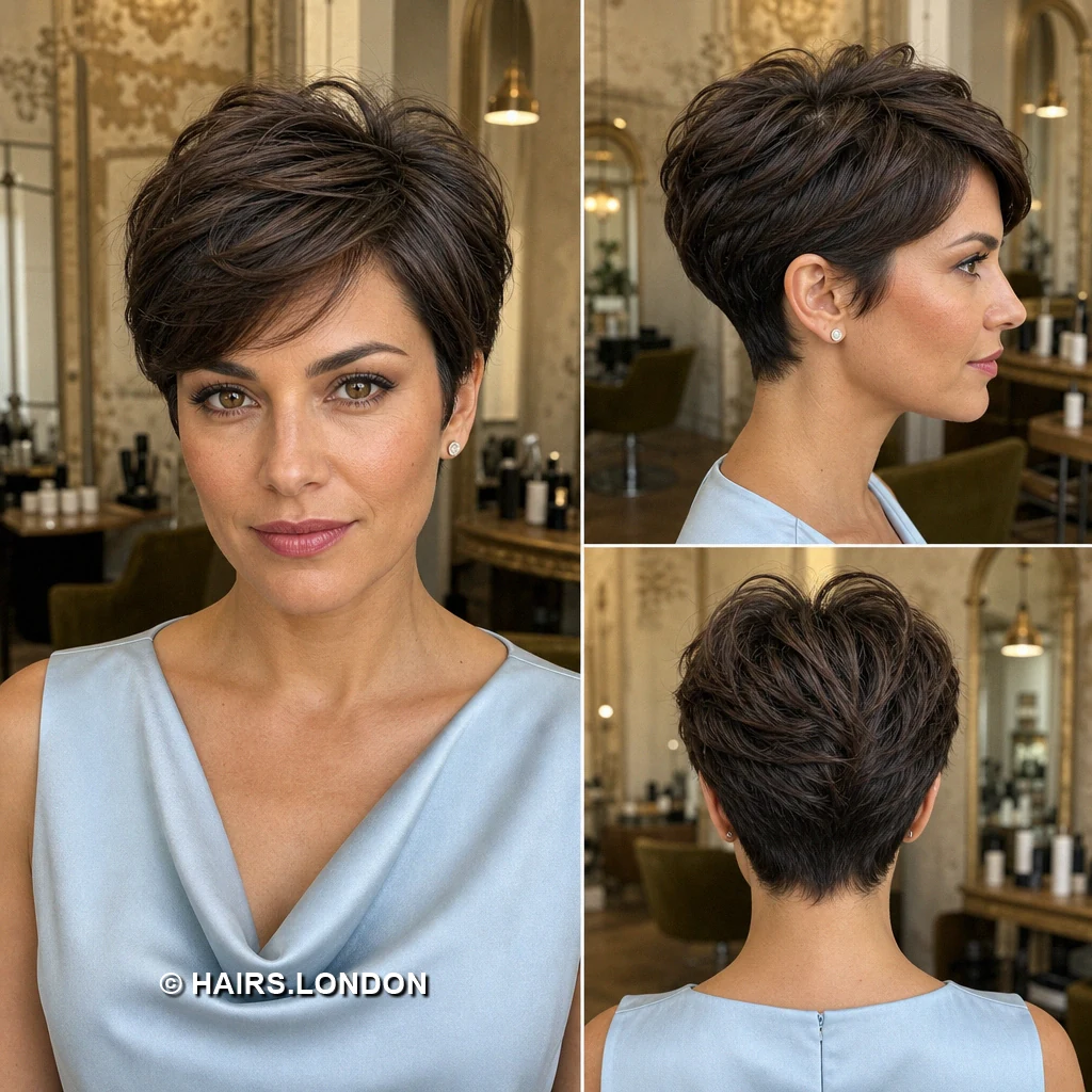 20 Brunette Pixie Cuts with Sweeping Fringe and Tapered Napes Brunette Smooth Sweep