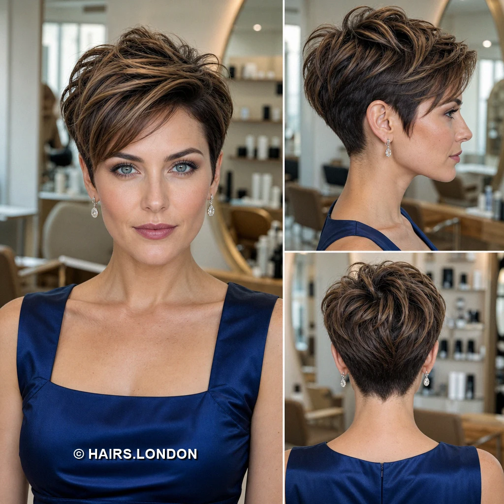 20 Highlighted Pixie Cuts with Texture, Volume, and Side-Swept Fringe Brunette Springy Pixie