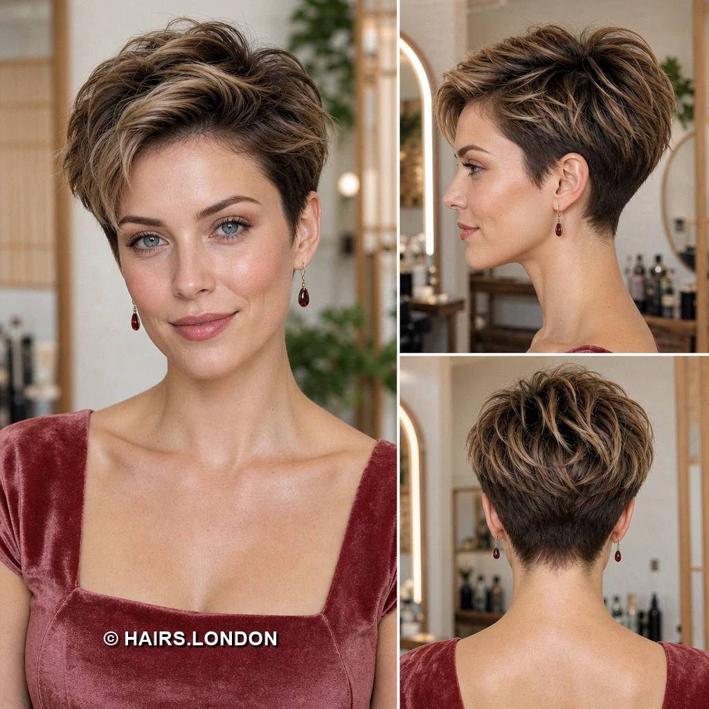 19 Highlighted Pixie Haircuts with Curls, Sweeps, and Tapered Napes Brunette Tan Spikes